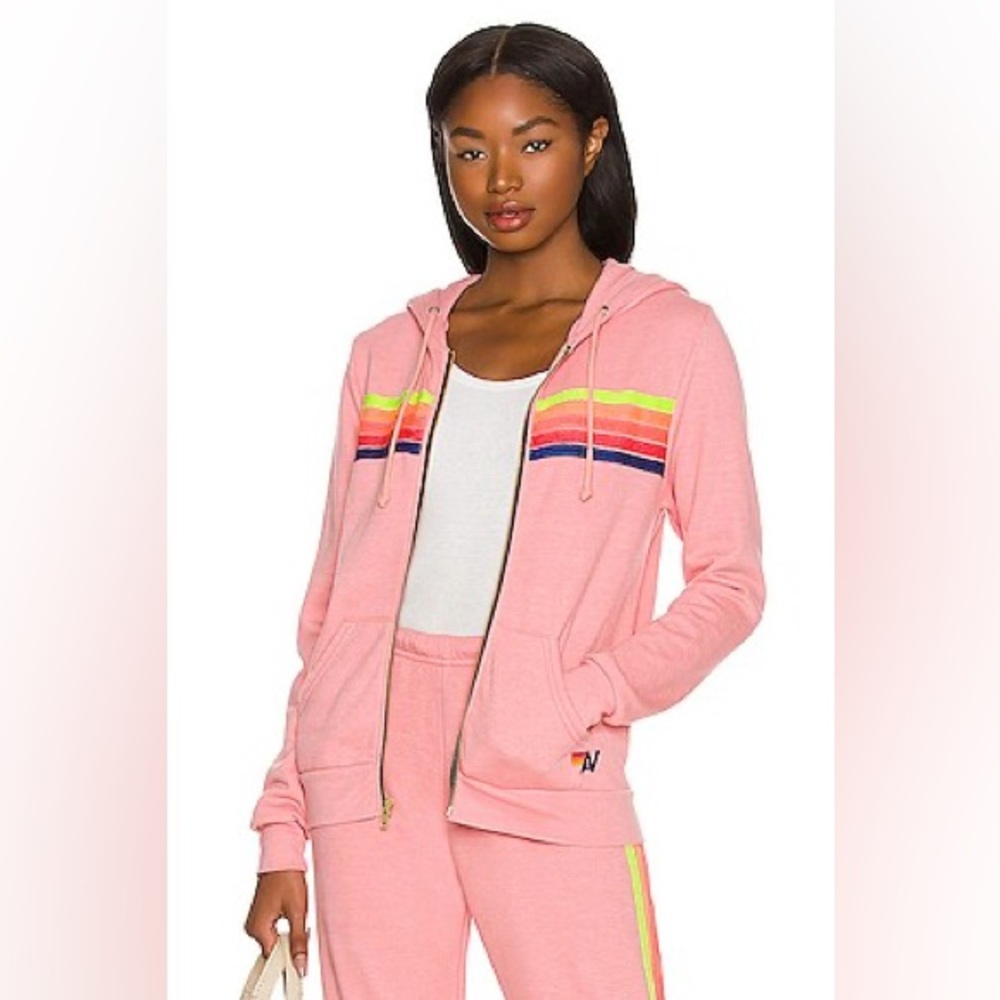 Aviator Nation 5 Stripe Sweatshirt Petal and Neon Rainbow Blue